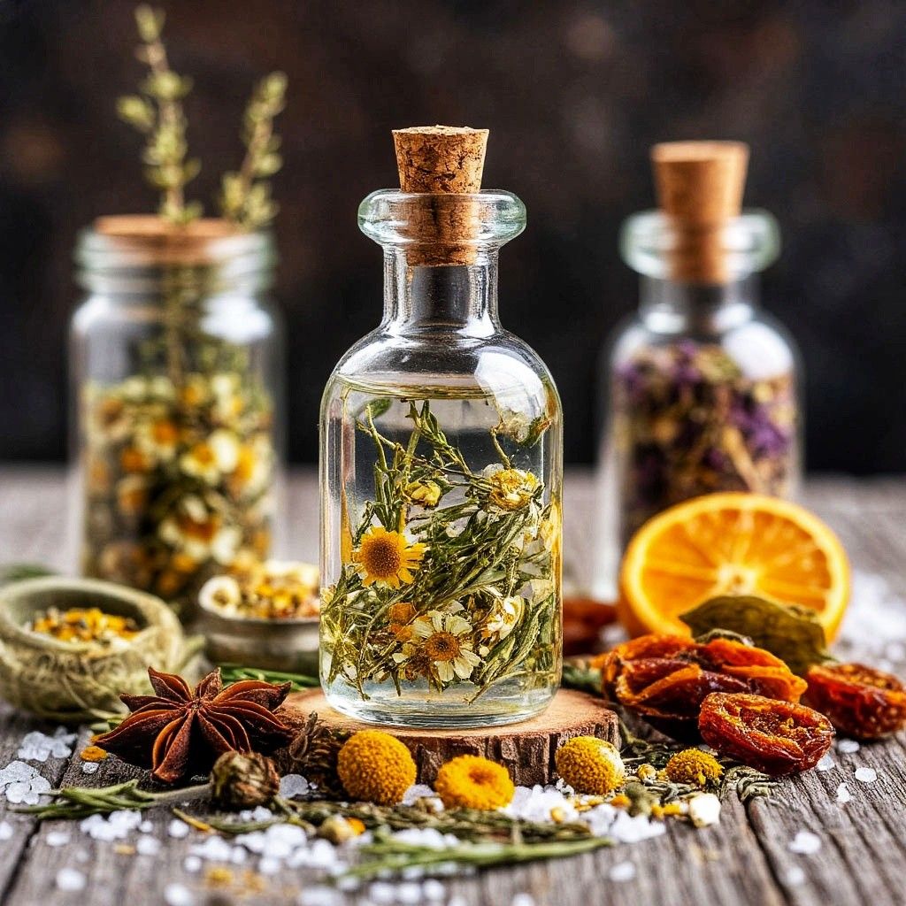 A calm kitchen workspace with herbs, a kettle, and glass vessels arranged for infusion preparation