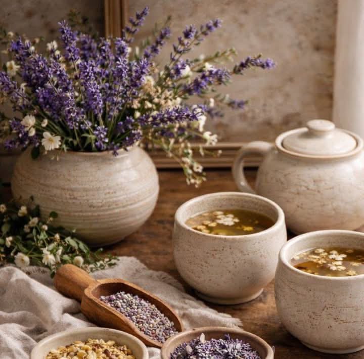 Dried chamomile, mint, and lavender displayed in shallow bowls on a neutral backdrop
