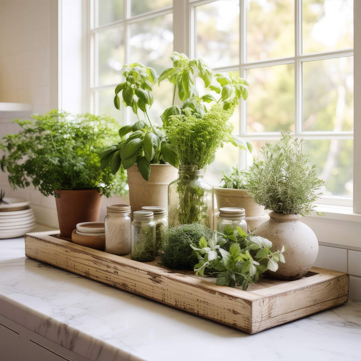 Stainless kettle and labeled herb jars arranged on a kitchen counter before preparation